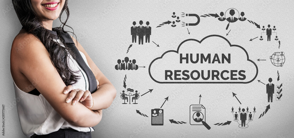 Poster human resources recruitment and people networking concept. modern graphic interface showing professi