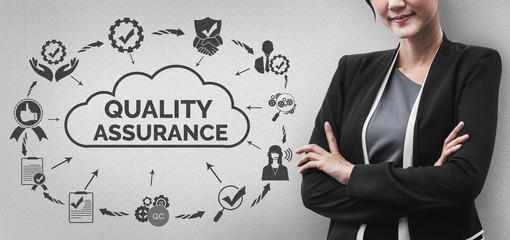 Quality Assurance and Quality Control Concept - Modern graphic interface showing certified standard...