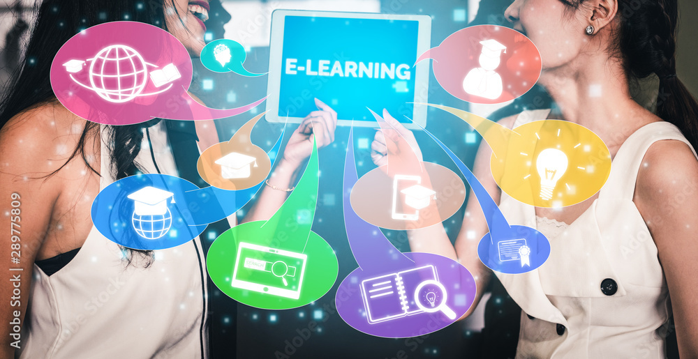 Poster e-learning and online education for student and university concept. graphic interface showing techno