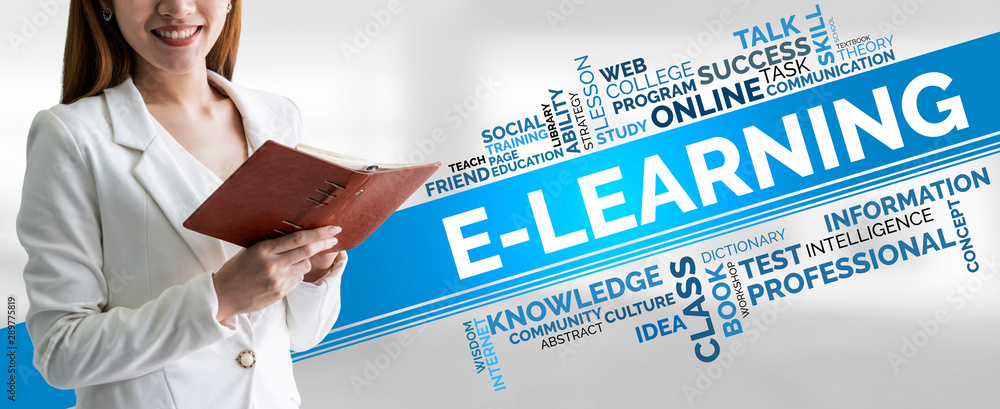 Poster e-learning and online education for student and university concept. graphic interface showing techno