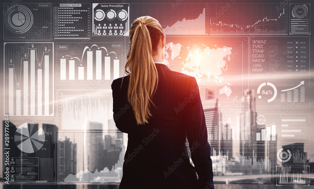 Poster data analysis for business and finance concept. graphic interface showing future computer technology