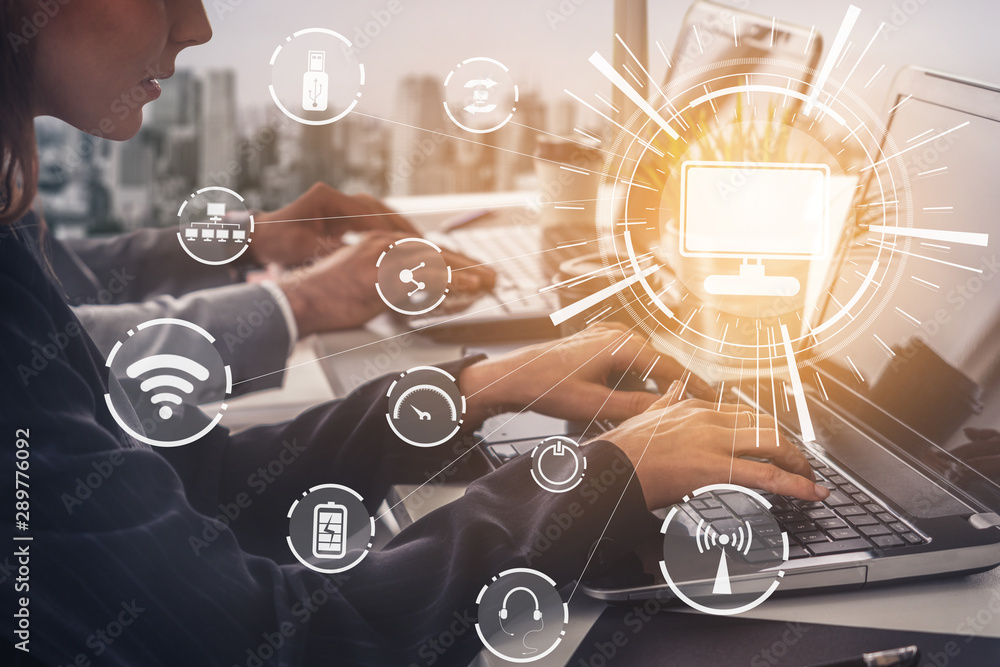 Poster multimedia and computer applications concept. business people using technology of digital gadget wit