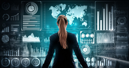 Big Data Technology for Business Finance Analytic Concept. Modern graphic interface shows massive...