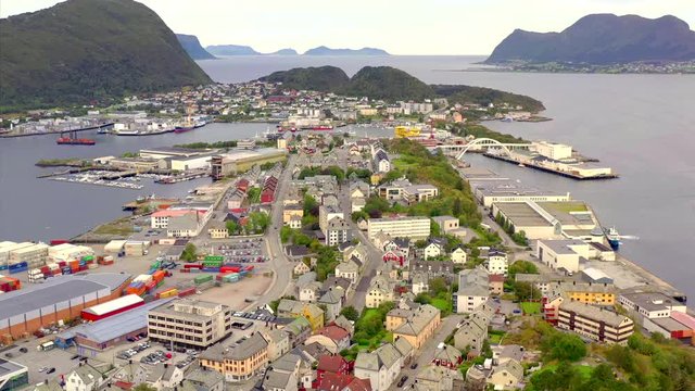 Alesund Norway, amazingly beautiful European city, aerial view.