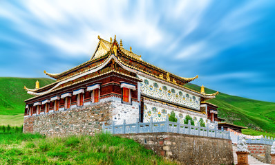 Fototapeta na wymiar Arou Temple（A’rou Temple） in Qinghai Province, China. Chinese Tibetan Buddhist temple