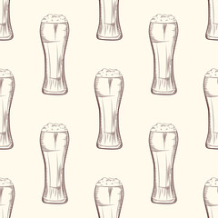 Full beer glass seamless pattern. Beer mug backdrop.