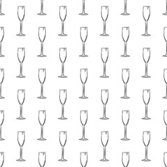 Flute glass. Hand drawn empty champagne glass sketch seamless pattern.