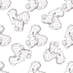 Hand drawn ginger root seamless pattern. Engraving style.