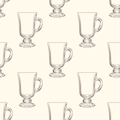 Irish Coffee mug seamless pattern. Hand drawn glassware cup backdrop.