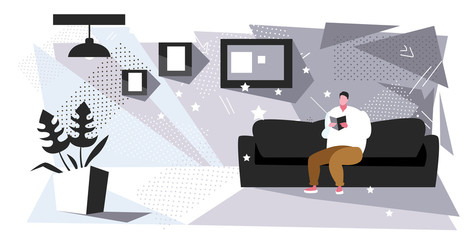 fat man sitting on couch reading book obese guy relaxing with textbook on sofa education obesity concept modern living room interior sketch full length horizontal