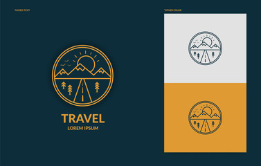 Flat line art travel logo template, minimal logotype of mountain