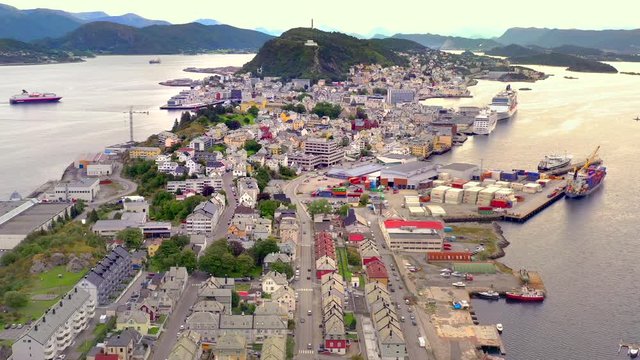 Alesund Norway, amazingly beautiful European city, aerial view.