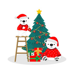 Merry Christmas card. Cute Polar bears wearing Santa Claus hat