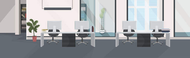 stylish workplace with computer monitor at office modern cabinet interior empty no people workspace room with furniture flat horizontal