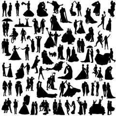 Fototapeta na wymiar Set of silhouettes of wedding couples. Many diverse grooms and brides.