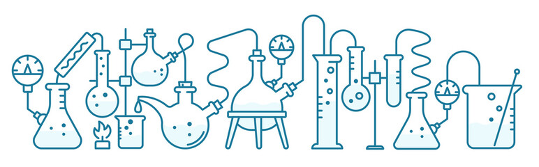 Chemistry science horizontal banner. Education lab background. The production of chemicals. Laboratory research experiments. Outline contour blue line vector. - obrazy, fototapety, plakaty