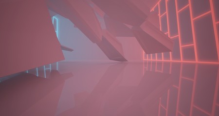 Abstract architectural white interior of a minimalist house with color gradient neon lighting. 3D illustration and rendering.