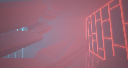 Abstract architectural white interior of a minimalist house with color gradient neon lighting. 3D illustration and rendering.