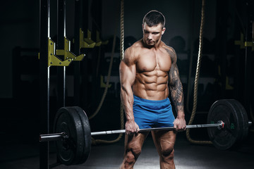 Fototapeta na wymiar Muscular man bodybuilder training in gym and posing. Fit muscle guy workout with weights and barbell