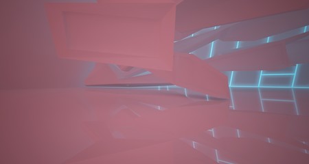 Abstract architectural white interior of a minimalist house with color gradient neon lighting. 3D illustration and rendering.