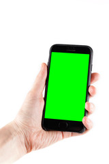 Touch screen smartphone in a hand.Man holding smartphone with blank screen on white background, closeup of hand. Space for text.