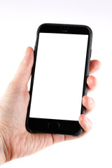 Touch screen smartphone in a hand.Man holding smartphone with blank screen on white background, closeup of hand.