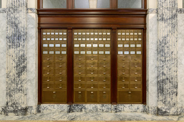 Ornate mail boxes in a post office