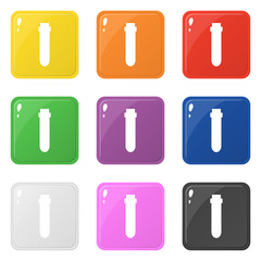 Bottle laboratory glass icons set 9 colors isolated on white. Collection of glossy square colorful buttons. Vector illustration for any design.