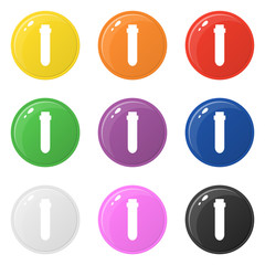 Bottle laboratory glass icons set 9 colors isolated on white. Collection of glossy round colorful buttons. Vector illustration for any design.