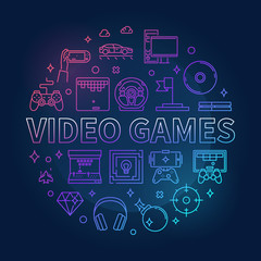 Fototapeta na wymiar Vector Video Games concept circular colorful linear illustration on dark background