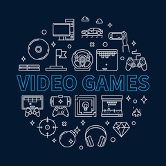 Fototapeta na wymiar Video Games vector concept round outline illustration on dark blue background