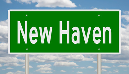 Rendering of a green road sign for New Haven Connecticut