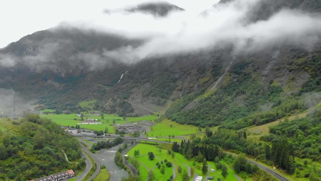 Beautiful Flam Norway, fjord, waterfalls and mountains, breathtakingly scenic aerial view.