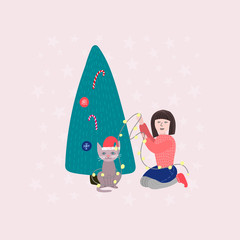 Merry Christmas tree girl winter season postcard