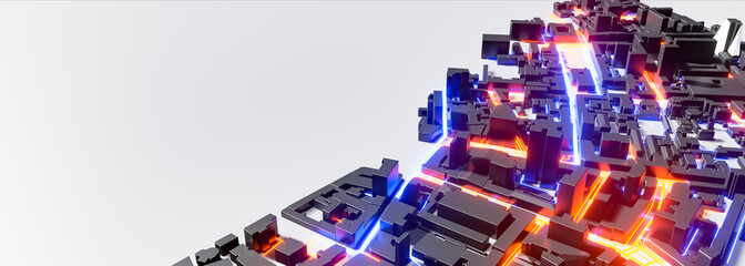 Abstract 3d render of techno panorama landscape city. Urban and futuristic visual technology concepts