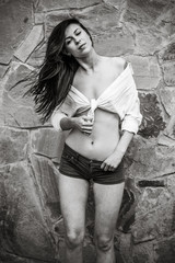 Sexy modern woman with dark long hair, fashionable girl   