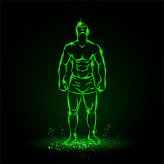 Bodybuilder outline silhouette. Muscular man posing with head up. Vector green neon illustration on black background.