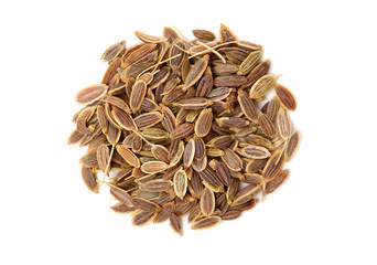 Pile of dill seeds on white background