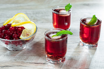 Red stemware shot alcoholic cold cocktail with cranberries raspberries lemon and mint. Selective focus, copy space.