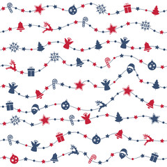 Christmas ornaments on rope line seamless pattern isolated background
