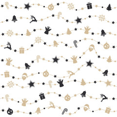 Christmas golden black ornaments on rope line seamless pattern isolated white background