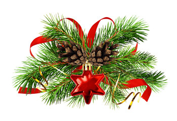 Fototapeta na wymiar Christmas arrangement with pine twigs, cones and red silk ribbon bow