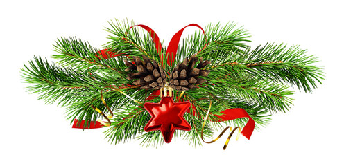 Fototapeta na wymiar Christmas arrangement with pine twigs, cones and red silk ribbon bow