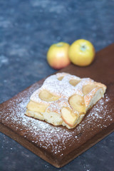 a piece of Apple pie on a wooden Board in powdered sugar on a dark background
