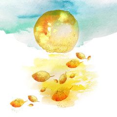 Abstract blue watercolor background, yellow with a golden spot with autumn leaves. The basis for design