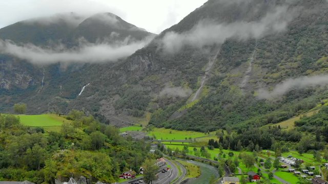 Beautiful Flam Norway, fjord, waterfalls and mountains, breathtakingly scenic aerial view.
