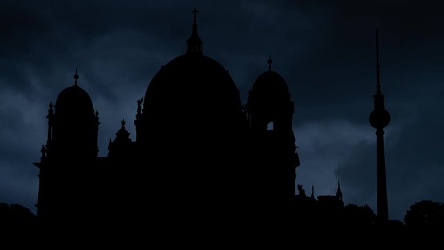 Berlin: Berlin Cathedral, Berliner Dom or Evangelical Supreme Parish and Collegiate Church with Alex TV Tower in Background, Thunderstorm and Lightning Time Lapse
