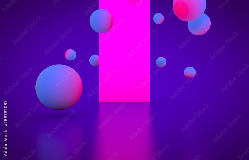 Poster Futuristic geometric shape empty stage with glowing neon color. Abstract 3d render background.