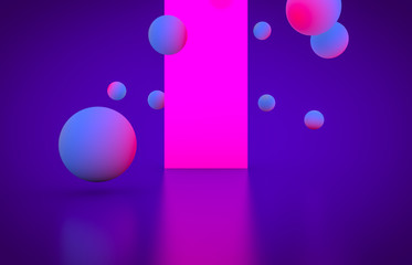 Futuristic geometric shape empty stage with glowing neon color. Abstract 3d render background.