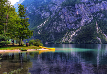 Panoramic view of Lake Bohinj, the largest permanent lake in Slovenia. It is located within the...